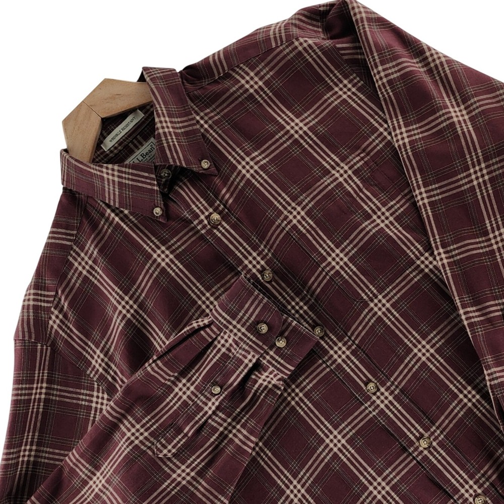 LL Bean Button Down Shirt Mens L Burgundy Plaid Cotton Cashmere Regular Fit